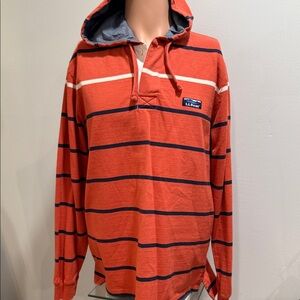 L.L. Bean Men's Orange and Navy Striped Rugby Hoodie